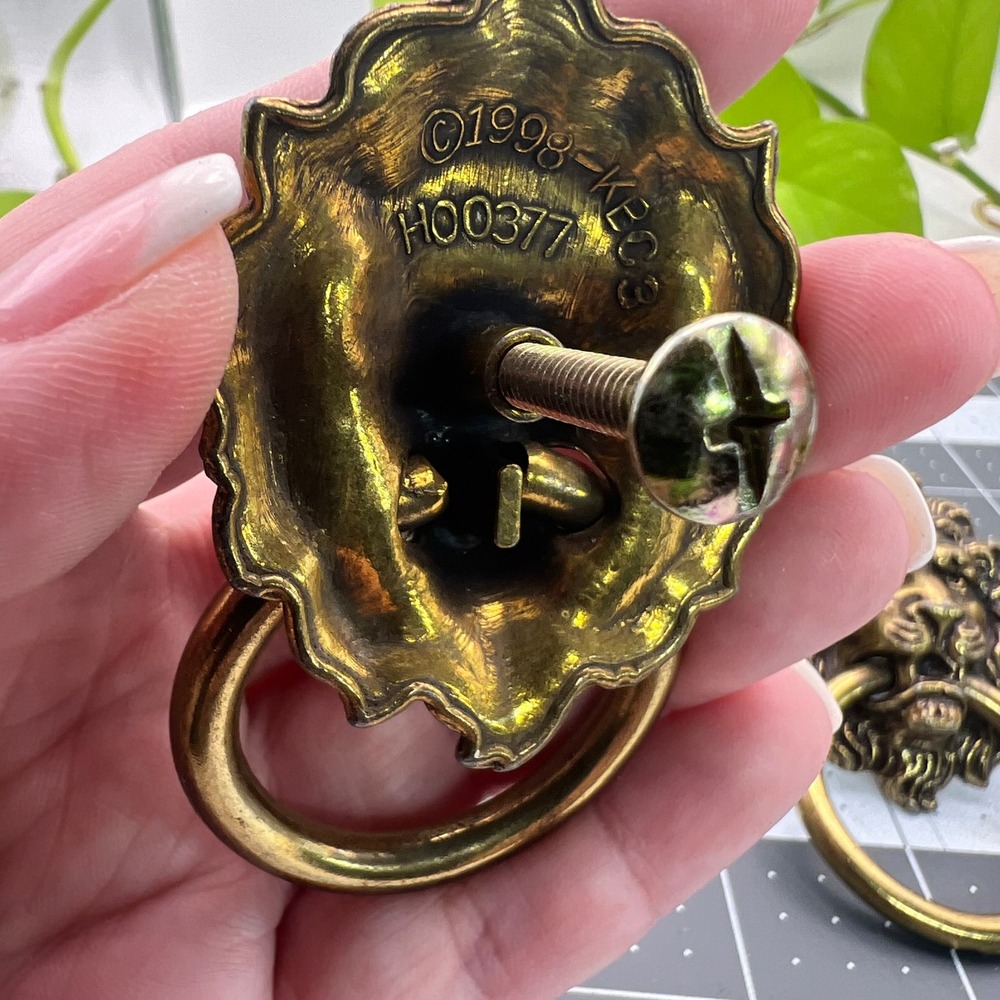 Vintage 1998 KEC3 Lion Head Ring Drawer Pulls Brass Tone Set of 4 H00377
